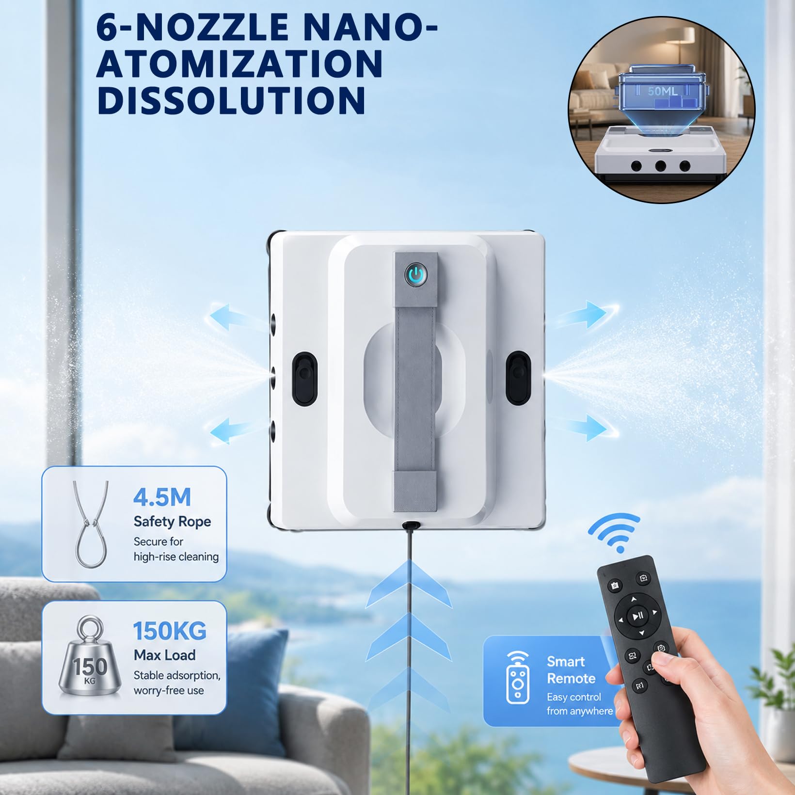 Robot Limpiacristales con Mando a Distancia, 9000 Pa Robot para Ventanas, 6 Modos de Limpieza, Depósito 100ML, 6 Boquillas de Nebulización, Planificación Inteligente de Ruta y Detección de Bordes