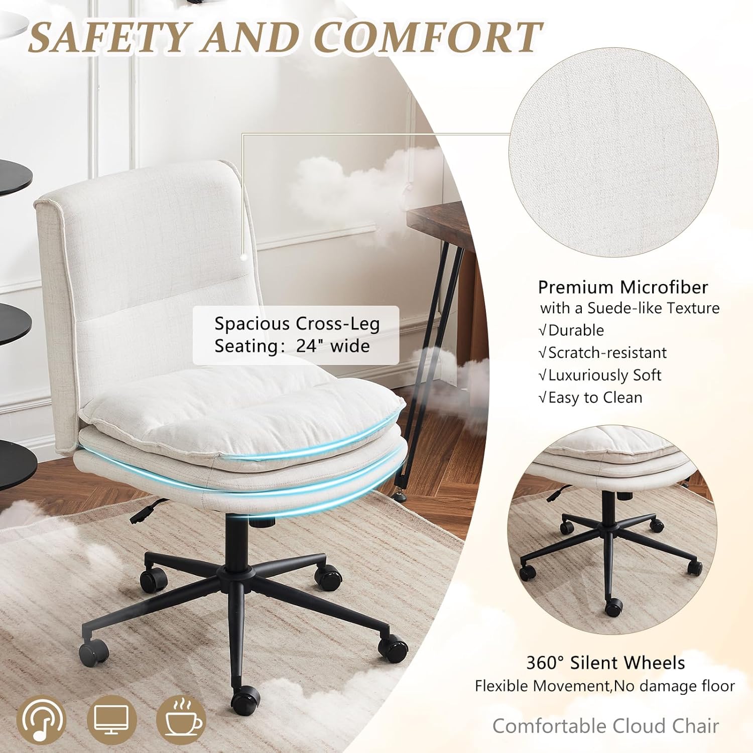 Close-up of the chair's fabric texture and silent rolling wheels, emphasizing durability, scratch-resistance, and soft feel.