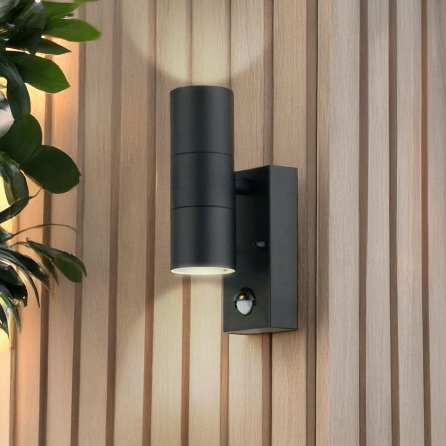 Firstchoicelighting Black & Clear Black Outdoor Security Light Up Down Twin Outdoor Wall Light Pir Motion Sensor Ip44 Wall Light Led Compatible
