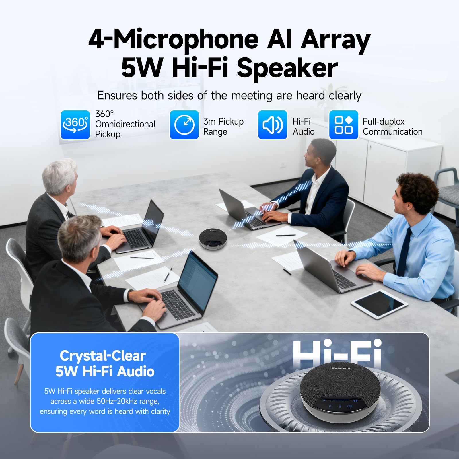 SVBONY SVN O1 Conference Microphone a Doppio Canale con Cancellazione del Rumore 3A+AI, 4 Microfoni per La Ripresa Vocale a 360°, 3 Connettori Plug-&-Play per Sala Conferenze di Medie Dimensioni