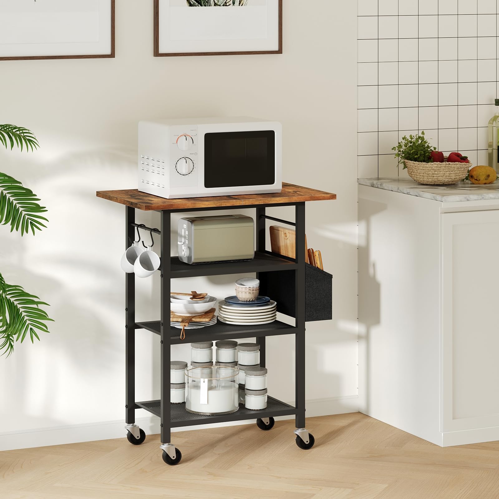 MAHANCRIS Support d’Imprimante à 4 Niveaux avec roulettes, Étagère de Rangement de Style Industriel, avec Pochette, Plateau en Bois, 2 Crochets, pour Bureau, Marron Rustique et Noir APTHR2601