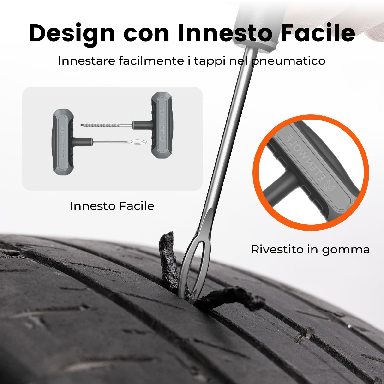 ETENWOLF 42 x Kit di Riparazione Pneumatici con Tappo in Gomma | Impugnatura a T migliorata, Portatile e Compatto, per Auto, Moto, ATV, SUV, Biciclette