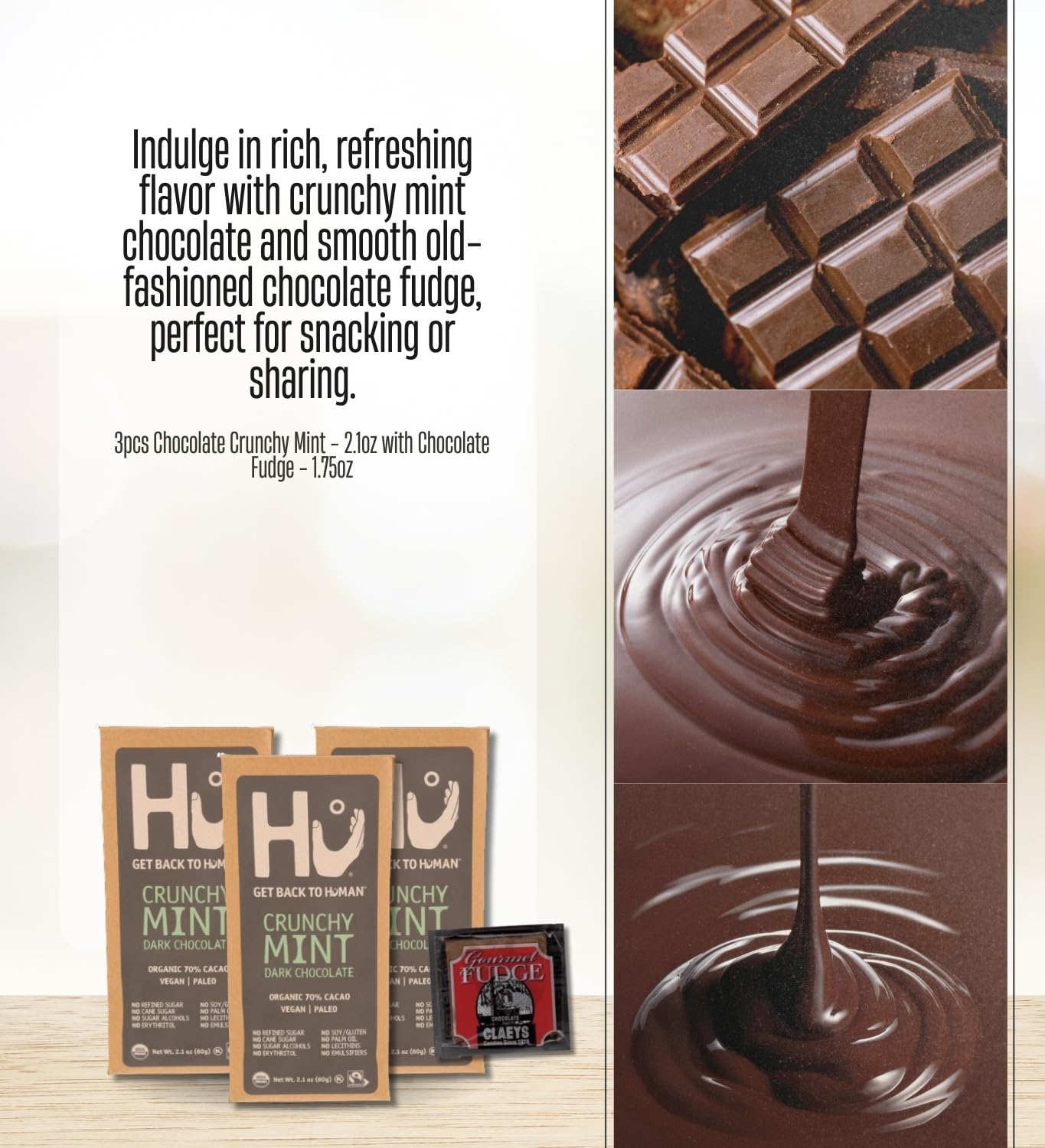 3x Hu Chocolate Crunchy Mint 2.1 oz Bundle with Claeys Old Fashioned Chocolate Fudge 1.75 oz – Organic and Vegan Bars for Snacking – Gift Set (4 Items)