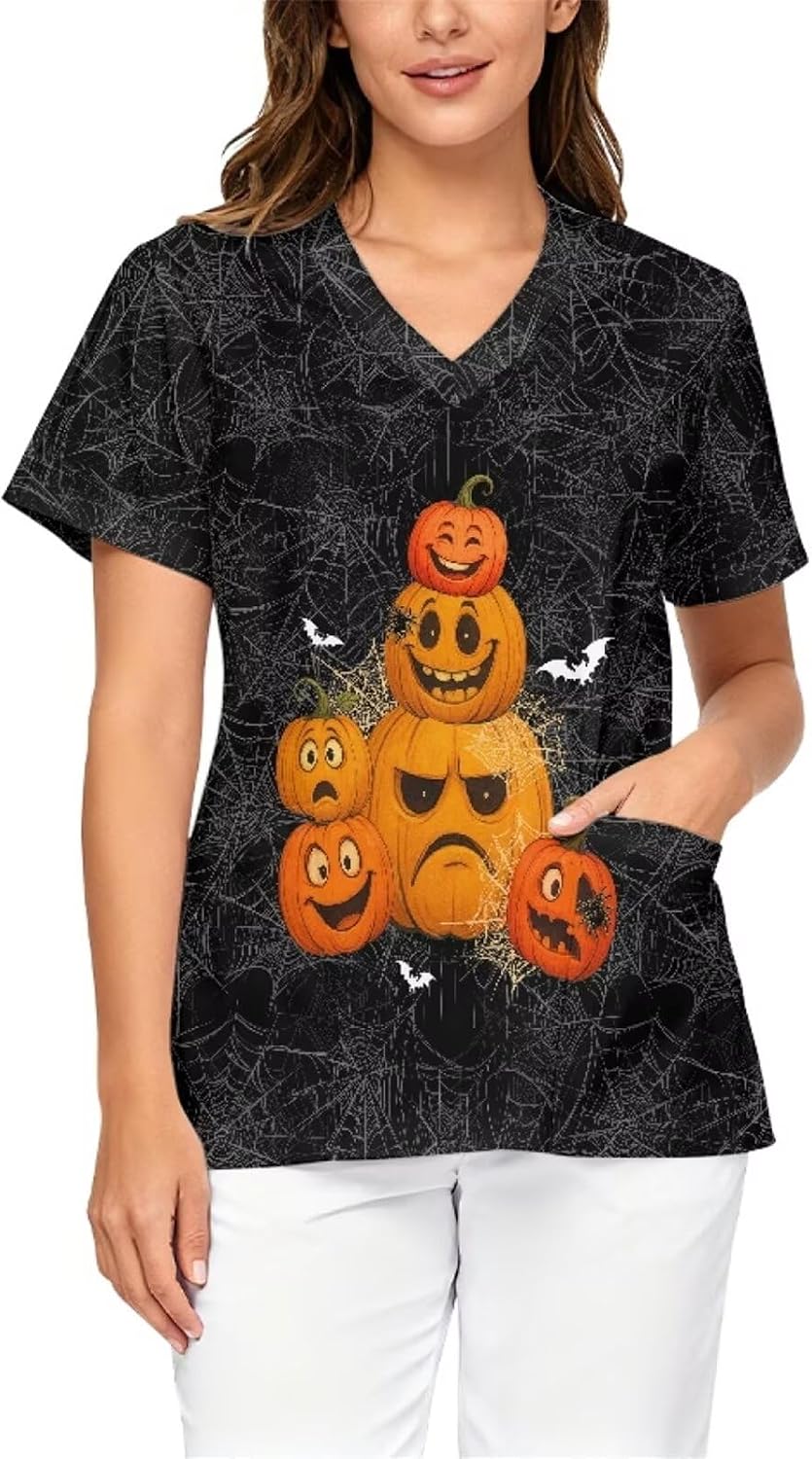 Scrub Tops for Women Soft V-Neck Printed Medical Shirts, Cute Animal Print Pediatric Scrubs Nurse Top with Pocket
