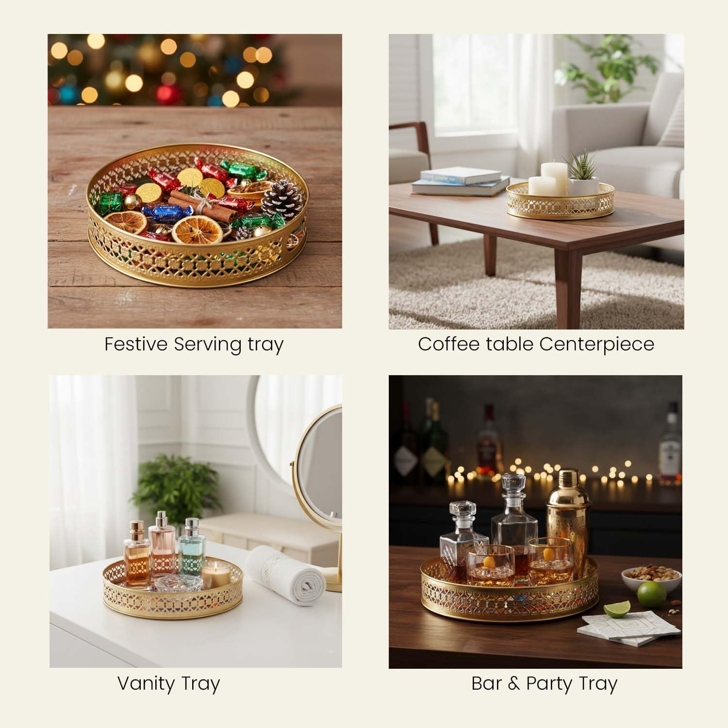 Go Hooked Decorative Metal Tray Set of 2 with Modern Geometric Art | Round Gold Finish Accent Trays for Home Décor, Coffee Table Styling, Romantic Valentine Gift & Love-Themed Display (8/10 Inch) 2