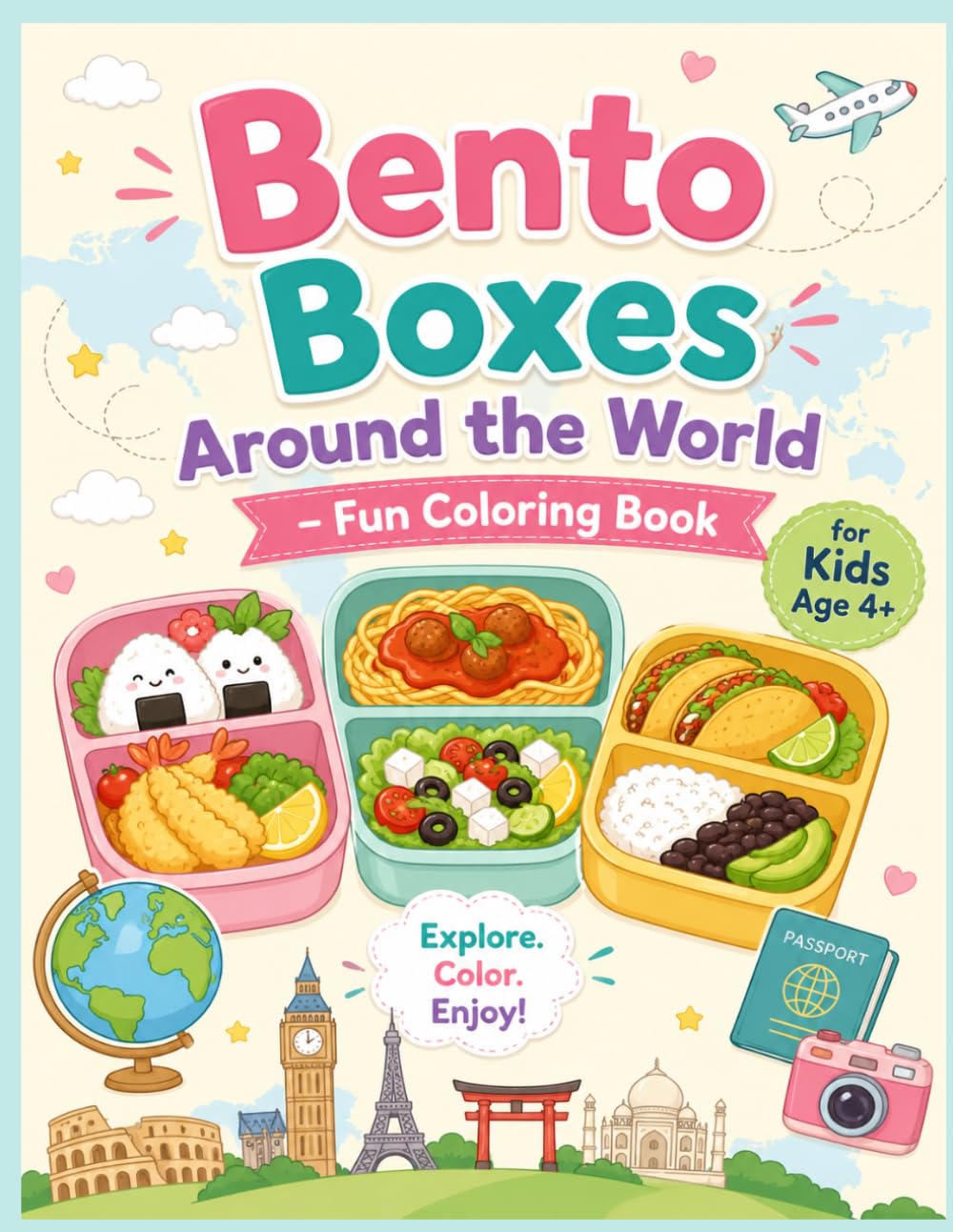 Bento Boxes Around the World: Fun Coloring Book for Kids Age 4+