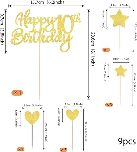 Miniatura 5 de Paquete de 9 decoraciones para tartas de cumpleaños número 10 con purpurina de corazón y estrella para cupcakes, saludos a los 10 años de edad,