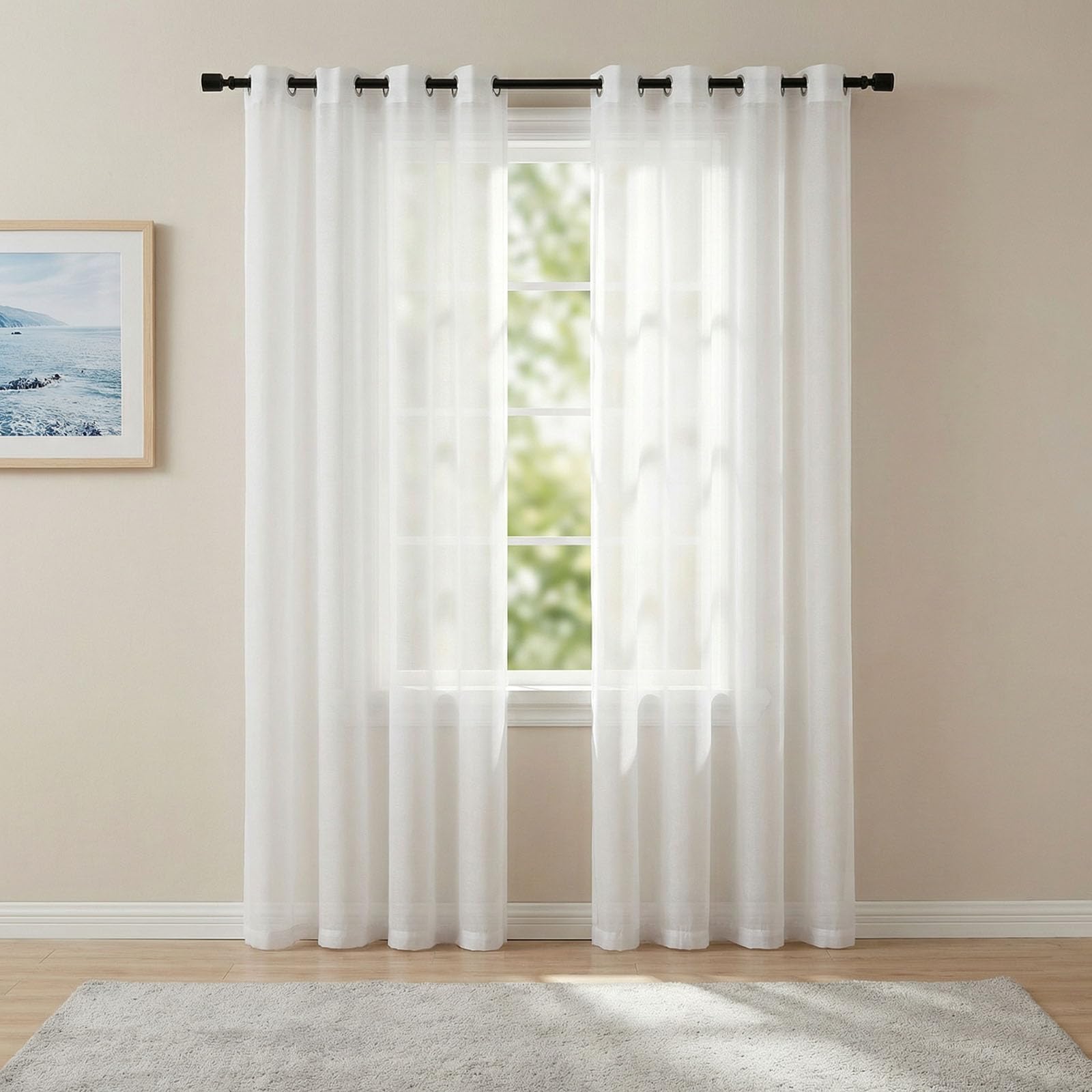Rideaux Voilages à Oeillets 250 x 250 cm en Effet Lin Anti-UV Tulle Transparent Filtre Lumineux Anti-Éblouissement Rideaux Voilages Oeillet pour Chambre, Blanc