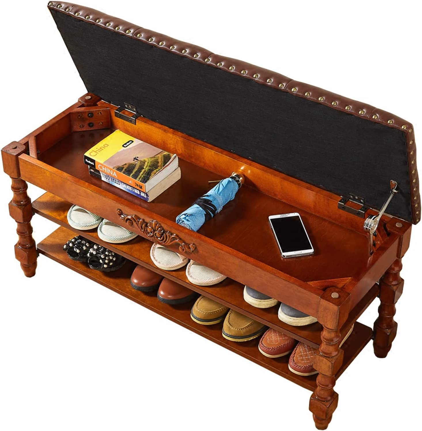 Banc à chaussures en bois pour couloir et chambre à coucher avec rangement vintage