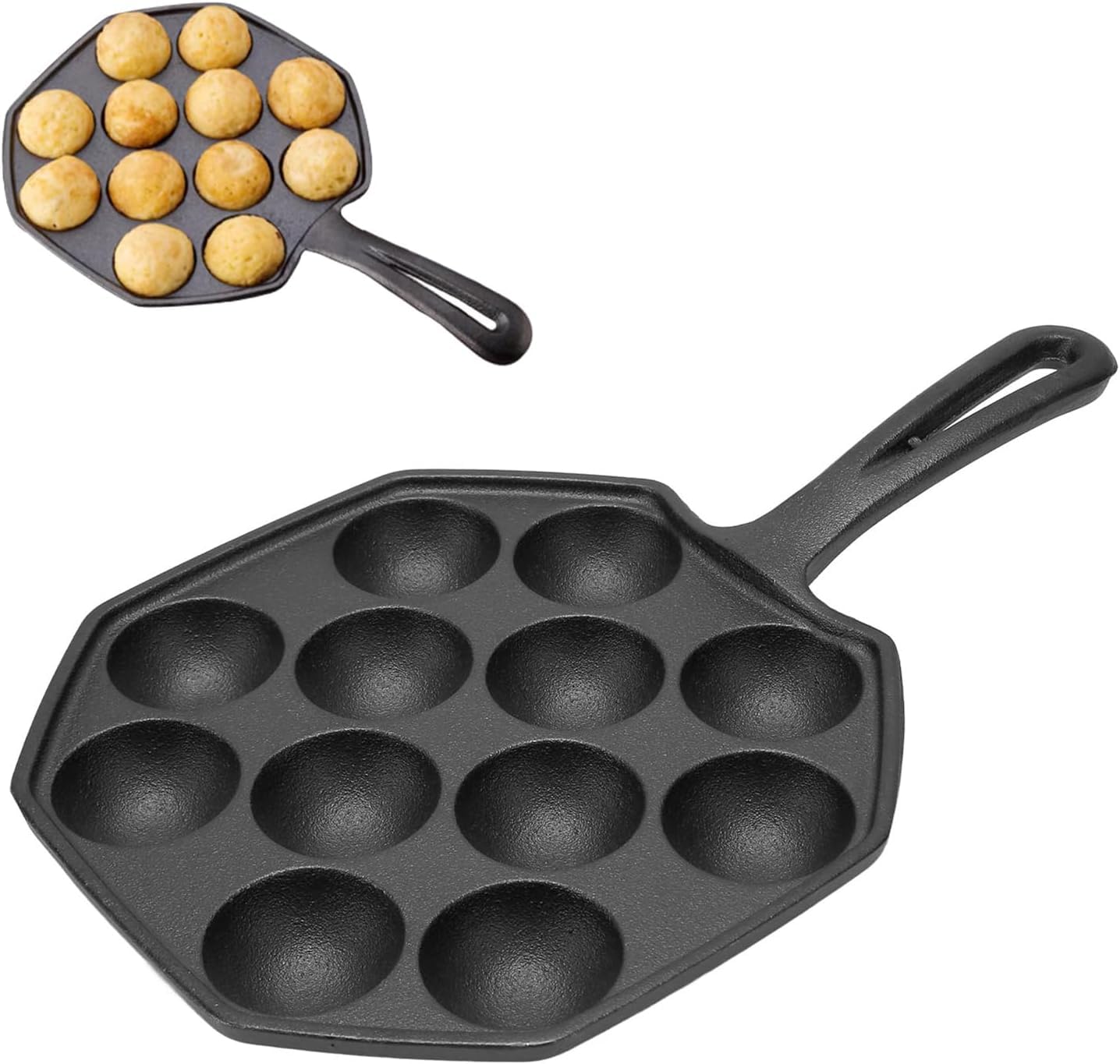 Tissting Takoyaki Grill Pan 12 Rejillas 4 Cm Orificio Takoyaki Bandeja Para Hornear de Hierro Fundido con Mango Hueco, Sartén Antiadherente para Albóndigas de Pulpo para Estufa de Inducción Eléctrica