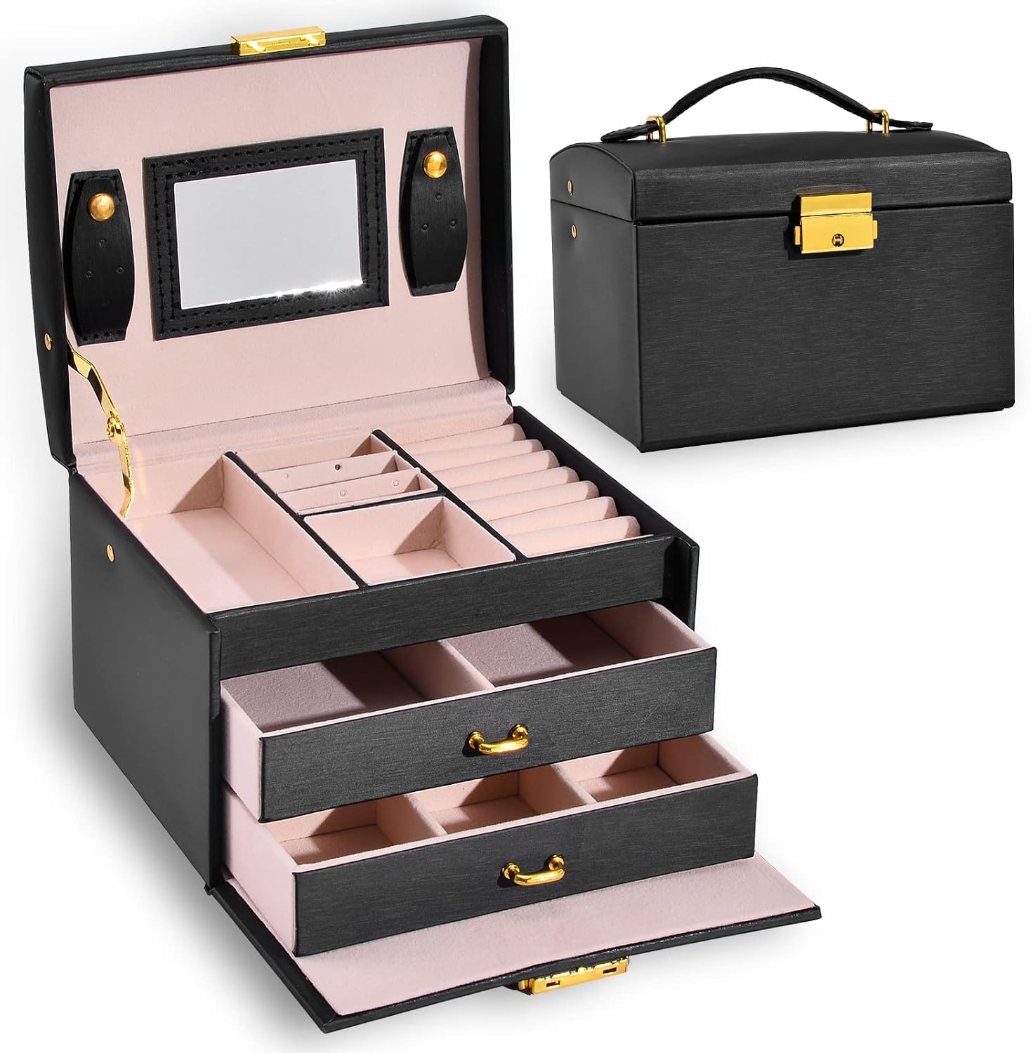 Rainberg 3-Tier Jewellery Box/Organiser with Mirror, High-End PU Leather Lockable Organiser with Handle, Travel Storage - Image 3