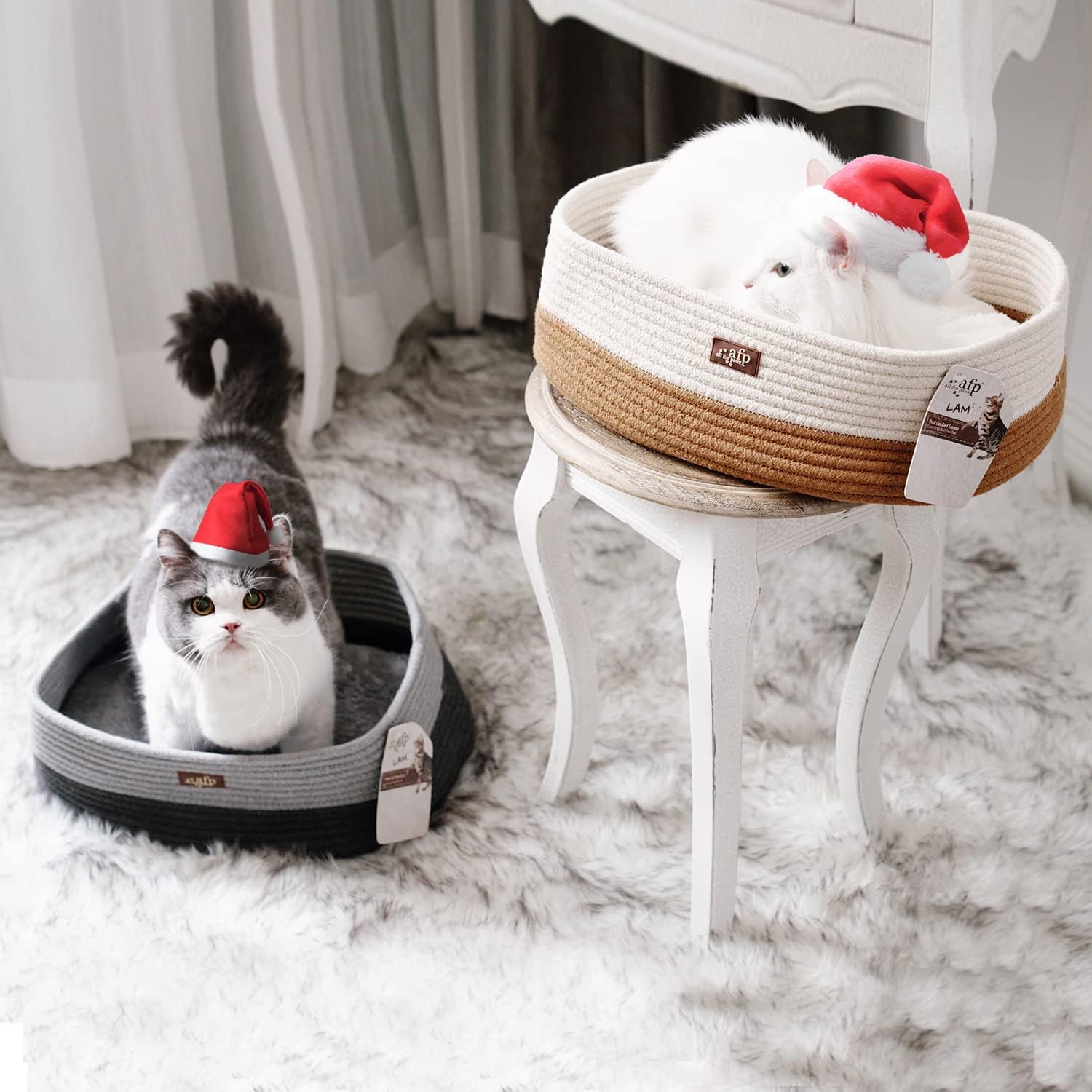 ALL FOR PAWS Cat Bed Basket Nest Lamb Oval Cat Bed, Cotton Rope Woven