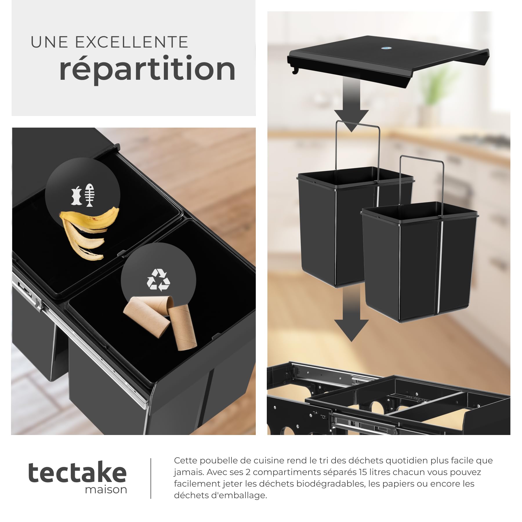 tectake® Poubelle de tri selectif pour Meuble de cuisine Poubelle cuisine Noir Poubelle 2 compartiments 2x15L Poubelle cuisine 30 litres Poubelle sous evier Poubelle encastrable Poubelle plastique