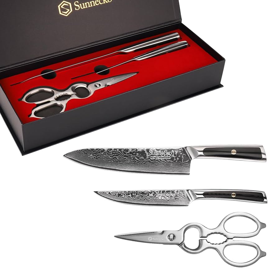 高級 ダマスカス包丁 牛刀＆ペティナイフ 化粧ケース付き Amazon | Sunnecko 包丁セット ダマスカス 包丁 牛刀 ペティ