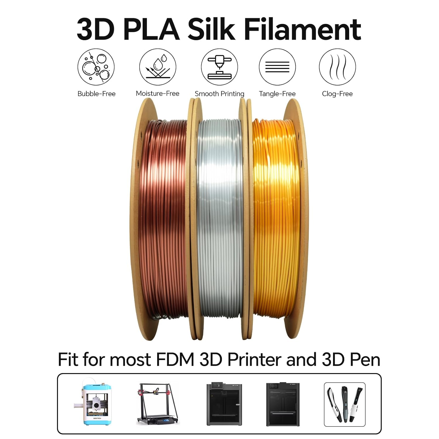 Geeetech Bundle Silk PLA Filament 1.75mm for 3D Printer, Metal-Like Shiny 3D Filament, 3 Spools Pack, 0.5kg/Spool, Dimensional Accuracy +/- 0.02 mm, Metallic Silver+Copper+Gold
