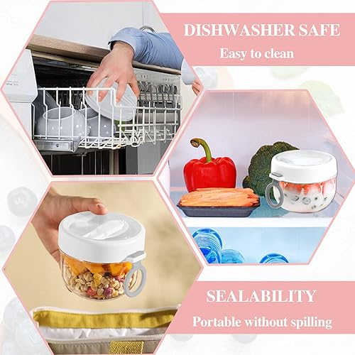 Miniatura 7 de 2 recipientes de avena para toda la noche con tapas, cuchara de 20 onzas, tarros portátiles de yogur de plástico, tazas de desayuno para adultos,