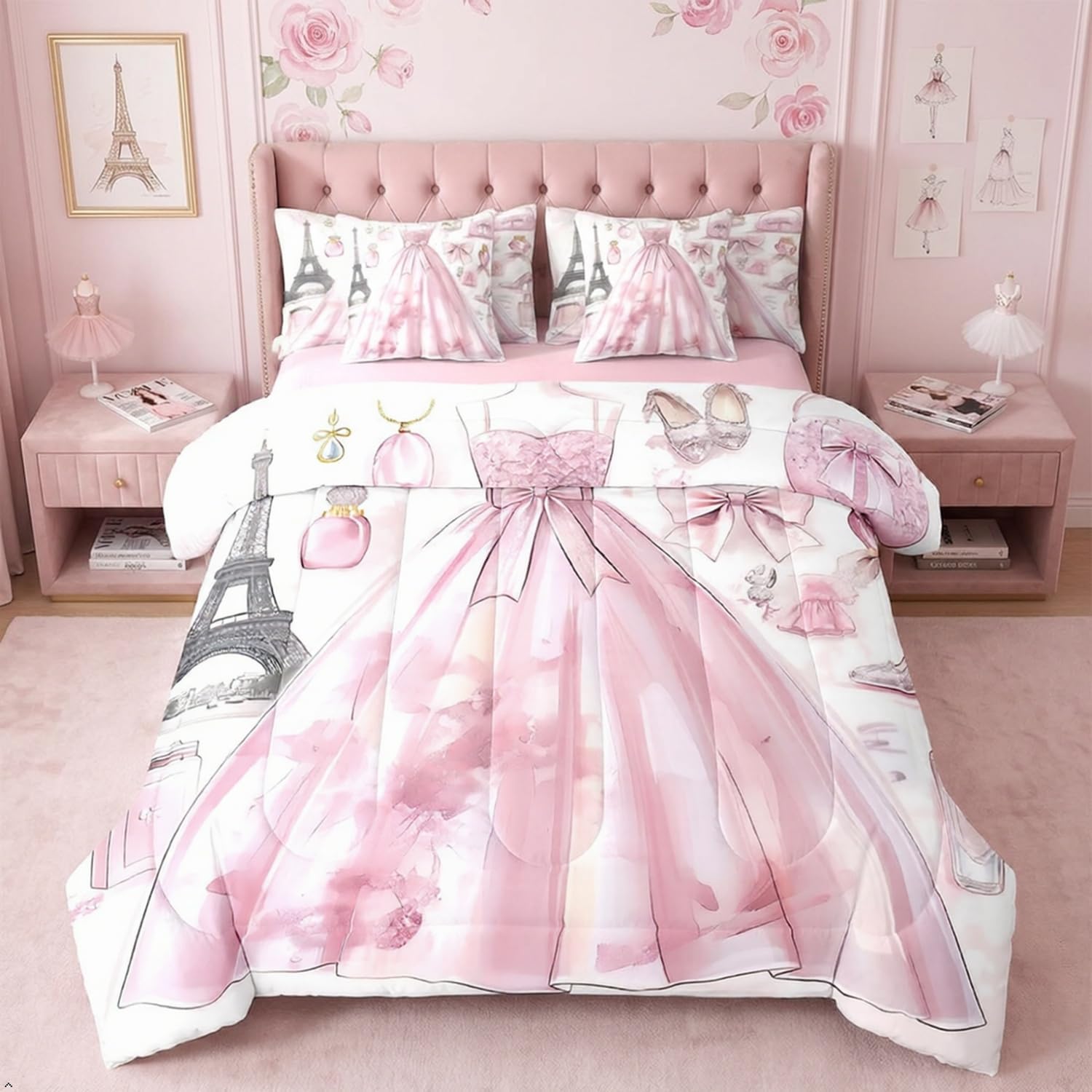 Erosebridal Fashion Dress Girly Twin Bedding Sets for Girls Kids, Pink Paris Eiffel Tower 7Pcs Comforter Set with Sheets Teen Room Decor, Perfume Makeup Theme Bed in a Bag, Princess Bow Sheet Set