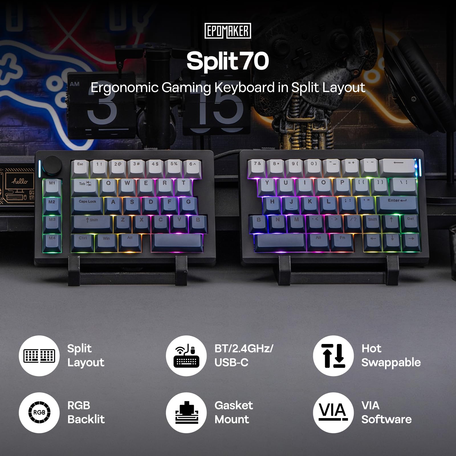 EPOMAKER Split70 Teclado Ergonómico Inalámbrico con QMK/Via y Perilla, Teclado Mecánico Gaming con RGB, Hot-Swap, Switch Lineal Lubricado, Teclas PBT, Gasket, QWERTY US 70%, para Mac/Win (Negro)