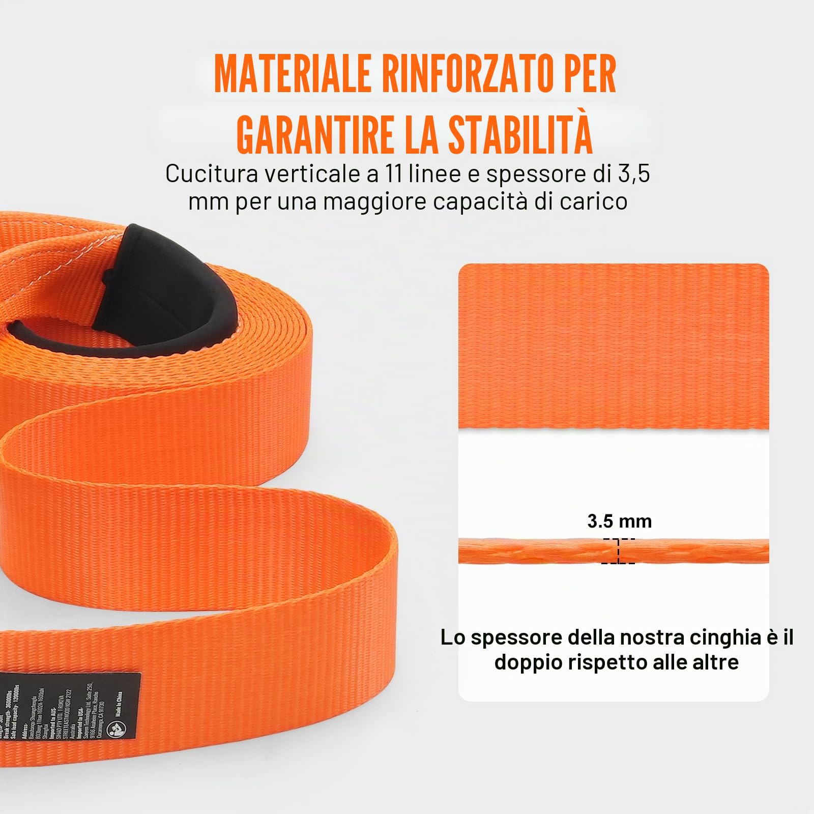 VEVOR Kit di Recupero Cinghia da Traino in Poliestere Resistente, Fune per Verricello da 76,2 mm x 9,1 m, 16329 kg, Tripla Fibbia Rinforzata, Cinghia a Strappo, Ricevitore con Gancio a Grillo 50 mm
