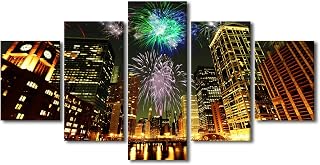 Art Work for Home Walls Chicago Cityscape Prints Wall Art Fireworks over United States Wall Painting Framed Art Wall Decor Multi Panel Wall Art Canvas Art Wall Hanging Decor, 60"x32"