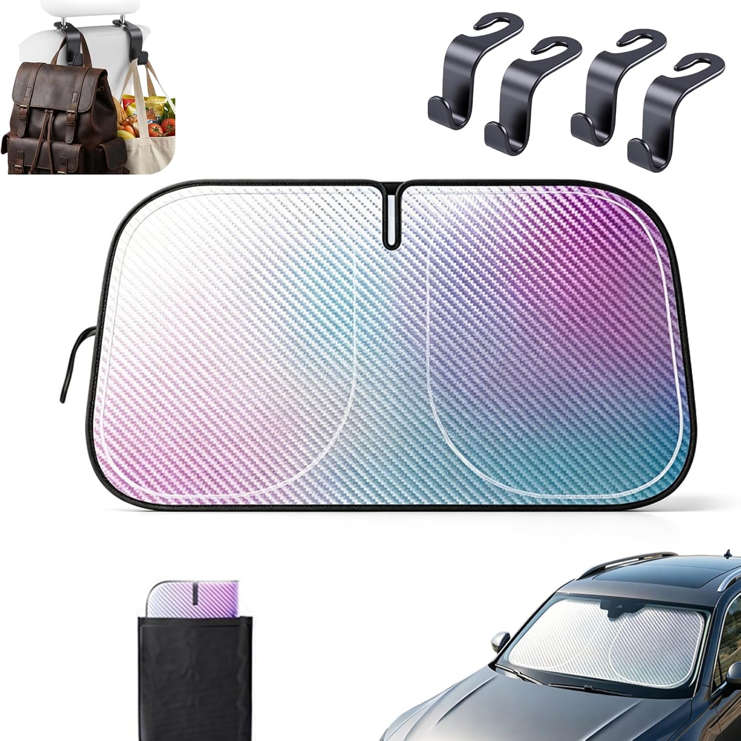 Car Windshield Sun Shade with 4 Headrest Hooks, 140cm x 80cm Reflective Sun Protector for Car, Blocks Heat and Sun Exposure, Fits Most Cars (Type B)