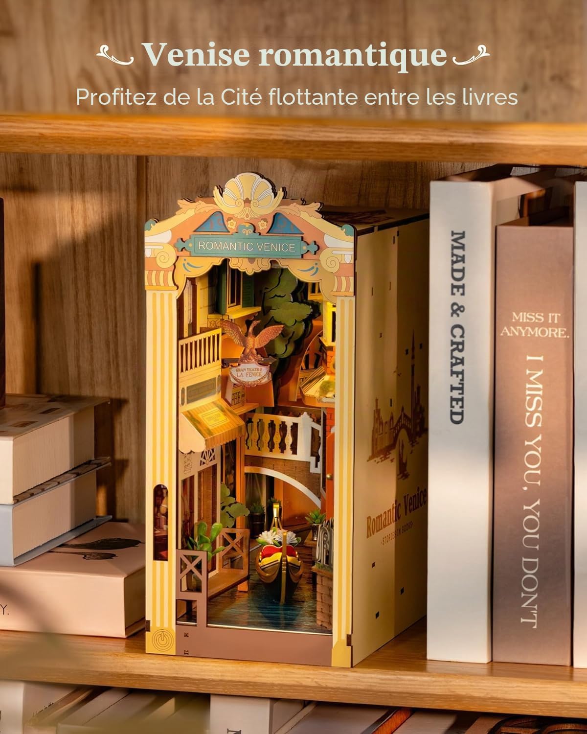 ROBOTIME Book Nook Venise Romantique avec Lumières LED, Booknook Maison Miniature a Construire, Nook Book Kit Bibliothèque, Cadeaux pour Adultes et Enfants