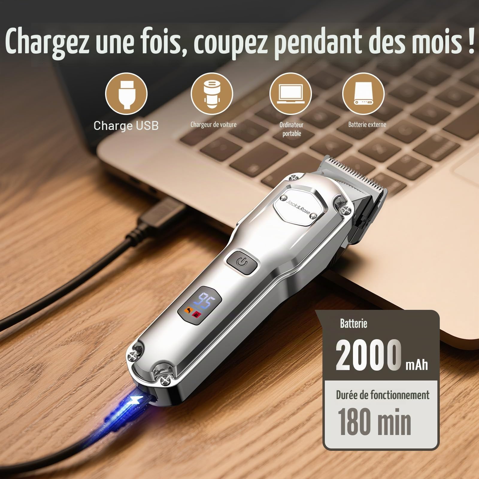 Jack & Rose Tondeuse cheveux hommes, tondeuse à cheveux pro sans Fil, IPX7 Étanche, Recharge USB, Coupe Barbe & Cheveux Homme avec indicateur LED