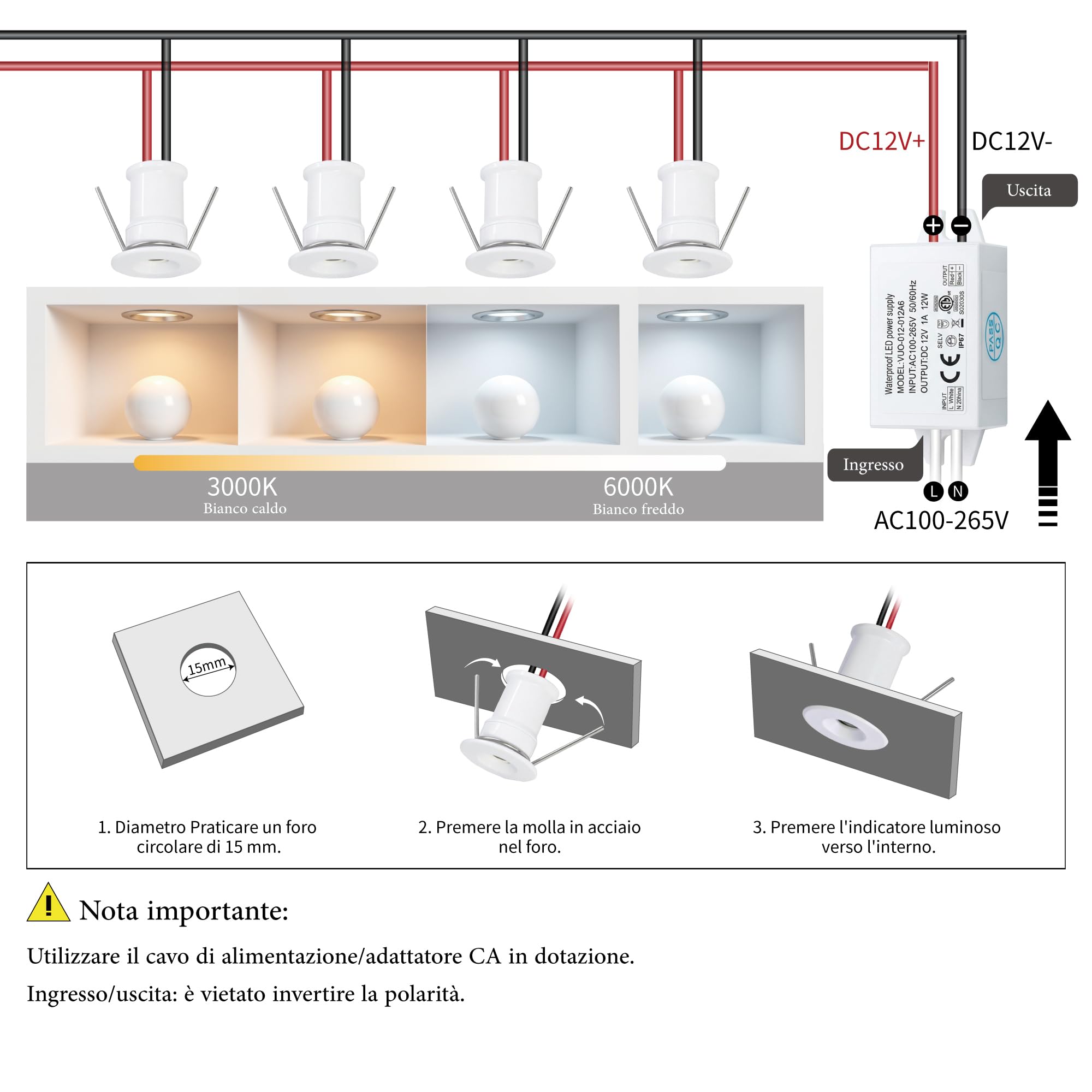 9pz Mini Faretto LED 12V 1W, IP65 Impermeabile Spot Faretti Piccoli Da Incasso 220V, 15mm Spotlight Punto Luce Per Cartongesso Parete Scale Interne Vetrinetta Corridoi(Bianco Caldo 30°)