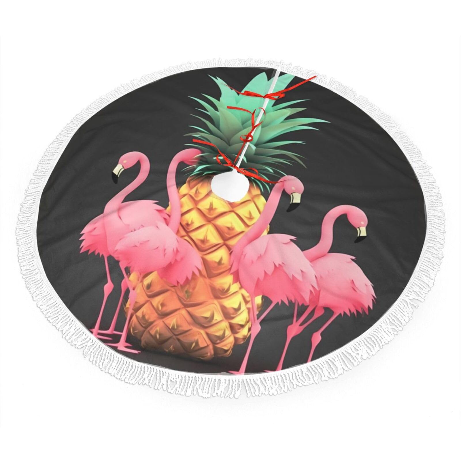 Pineapple Flamingos Christmas Tree Skirt 30", Soft Plush Xmas Tree Carpet with Tassel Christmas Ornaments Winter Holiday Tree Mat Decoration for Home Party Supplies