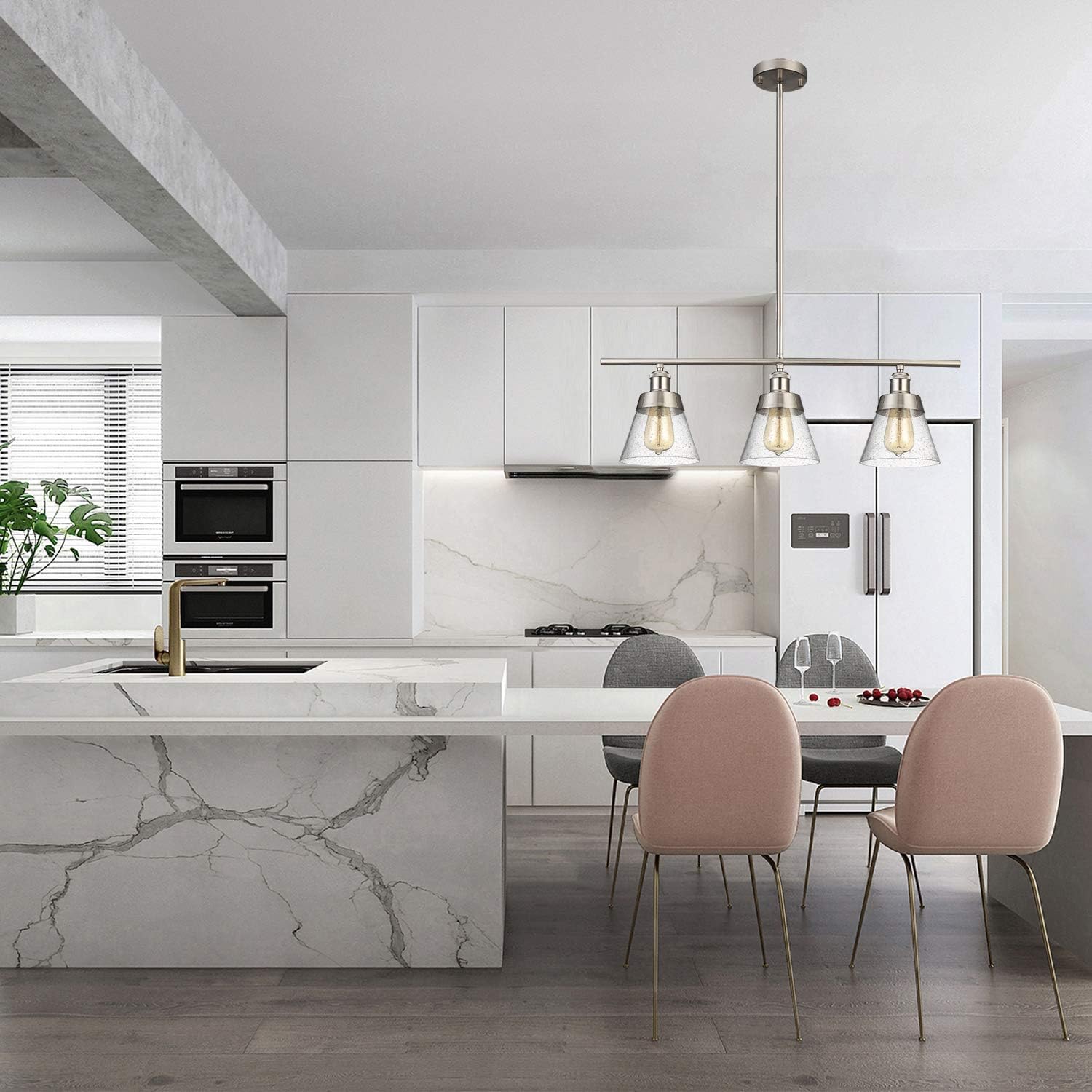 Super Big Clearance! Modern Brushed Nickel Kitchen Island Lighting, Clear Seeded Glass Linear Chandelier, 3 Lights Pendant Light Fixture for Kitchen Island Dining Room Up To 40% OFF Modern Brushed Nickel Kitchen Island Lighting, Clear Seeded Glass Linear Chandelier, 3 Lights Pendant Light Fixture for Kitchen Island Dining Room