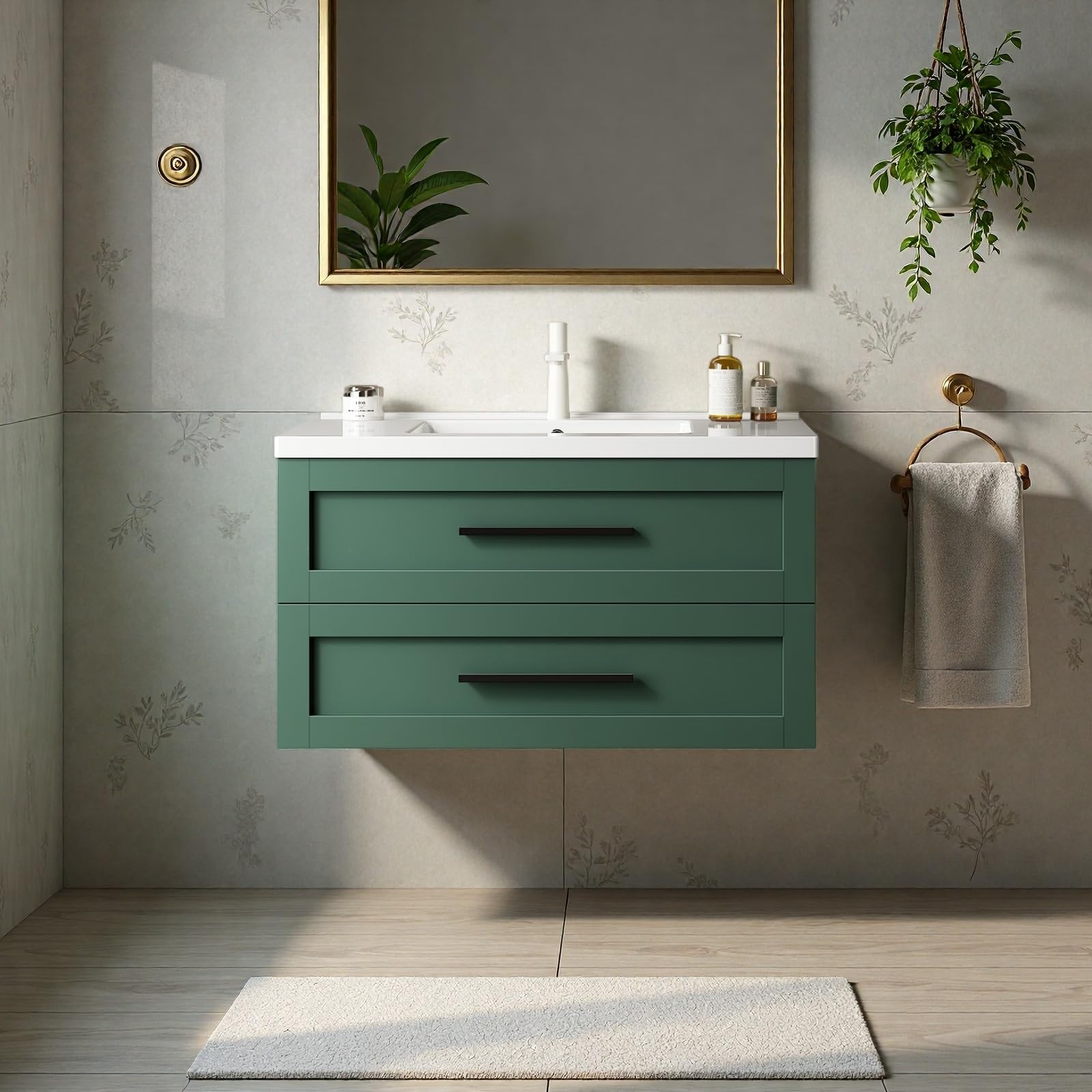 36" Floating Bathroom Vanity with Sink, Wall-Mounted Vanity, Green