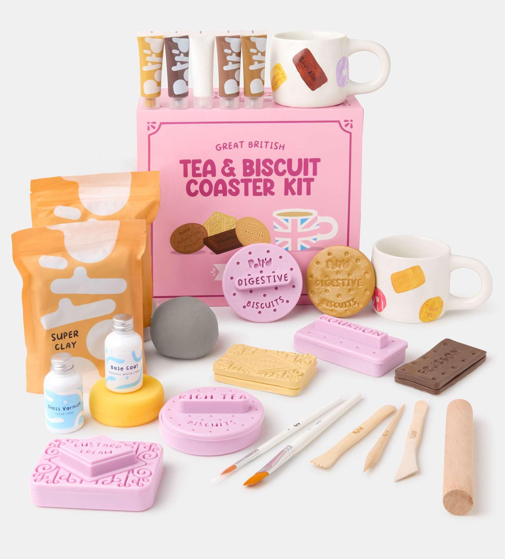 Pott’d Tea & Biscuit Coaster Pottery Kit for Beginners, Air Dry Clay Kit for Adults, DIY Craft Kit Includes Air Dry Clay, Biscuit Stamp Cutters, Paints, Tools and Video Guides