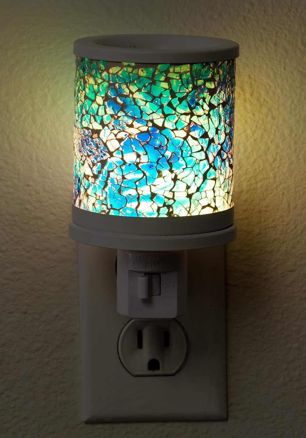 Mindful Design - Plug-In Wax Warmer - Blue Mosaic Glass - Pluggable Wax Melter Air Freshener and Night Light Lantern, Ideal for Bedrooms, Bathrooms, & Living Rooms