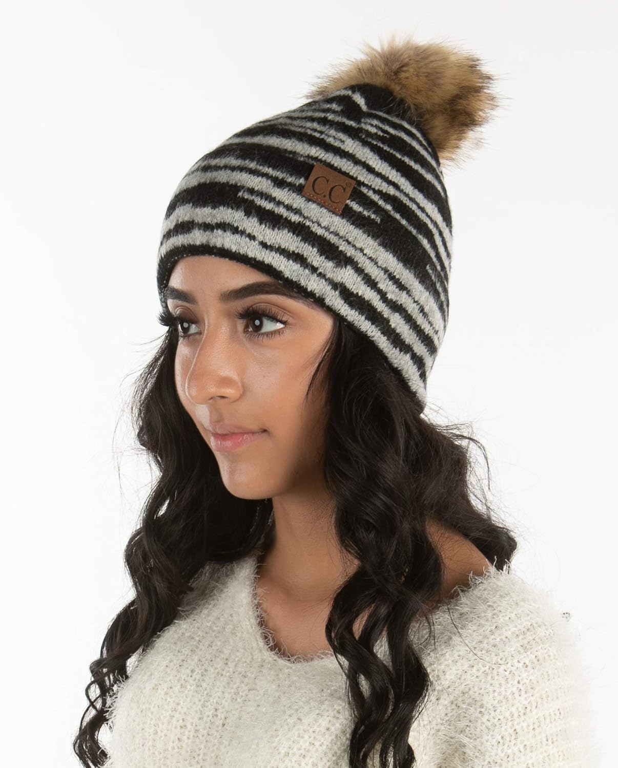 Funky Junque Women’s Pom Pom Beanie – Soft Knit Winter Hat for Women & Teens, Leopard & Zebra Fashion Animal Print Beanies