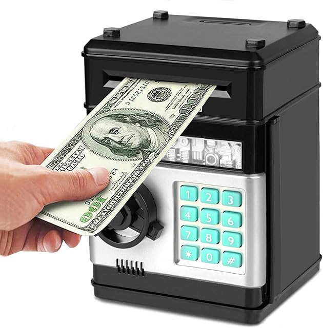 Revanom Electronic Piggy Bank, Mini ATM Password Money Bank Cash Coins Saving Box for Kids, Cartoon Safe Bank Box Perfect Toy Gifts for Boys Girls (Black)