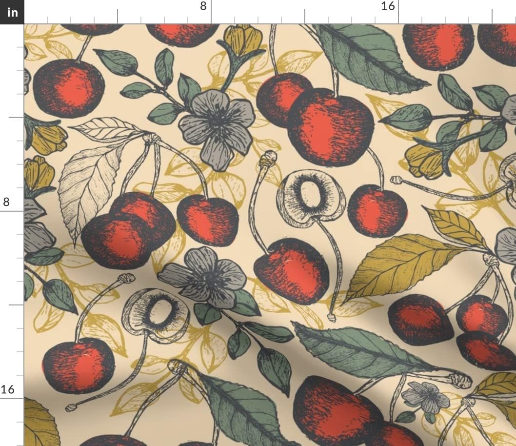 Spoonflower Fabric - Cherry Vintage Nature Fruit Botanicals Printed on Petal Signature Cotton Fabric by The Yard - Sewing Quilting Apparel Crafts Decor