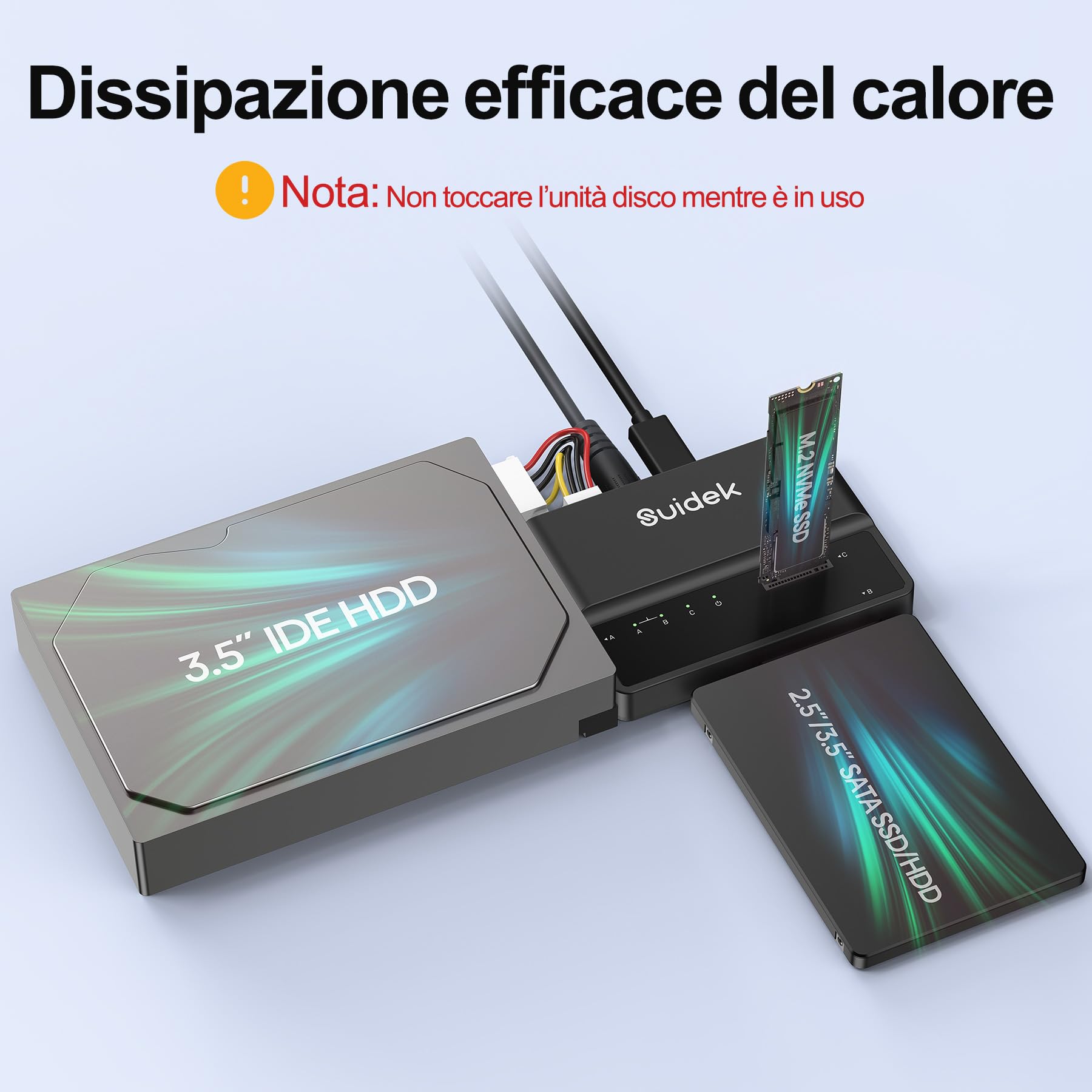 SUIDEK Adattatore M.2, Lettore di dischi rigidi USB 10 Gbps, Adattatore PCIe NVMe, SATA e IDE supporto per M.2 (chiave M e chiave M+B) di qualsiasi dimensione, SATA da 2,5/3,5" e IDE da 3,5"