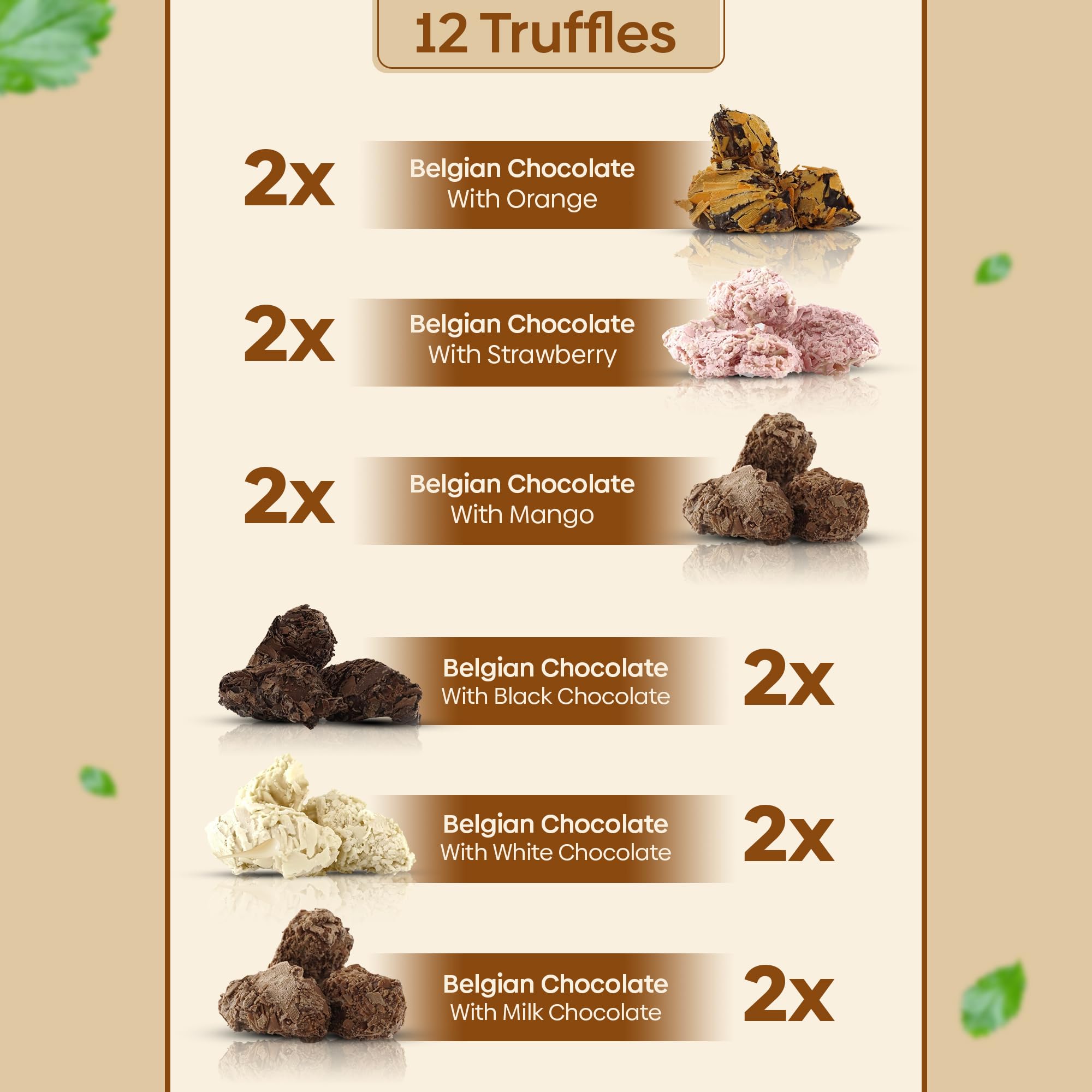 12 Trufas de Chocolate Belga Artesano con: Chocolate Blanco, Negro, Leche, Mango, Fresa y Naranja, Rocas de Chocolate ideal para Disfrutar y Regalar, Caja regalo Chocolate con Trufas Magicas CHAMBALL