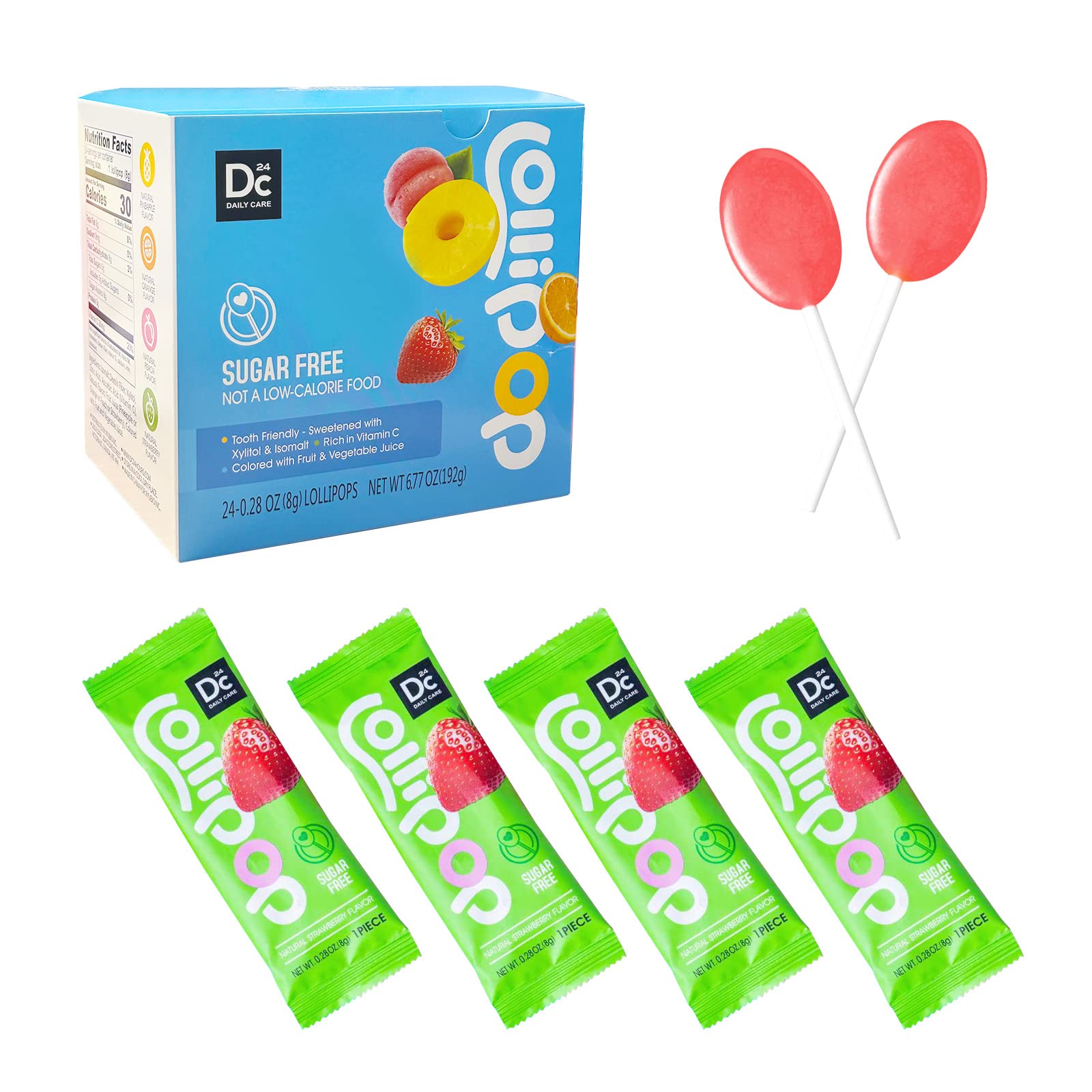 DC24 DAILY CARE Sugar Free Lollipops with Vitamin C, Healthy Suckers with Xylitol, Fruit Flavored Hard Candy for Kids, Non-GMO, Gluten Free, Strawberry, 24 Count