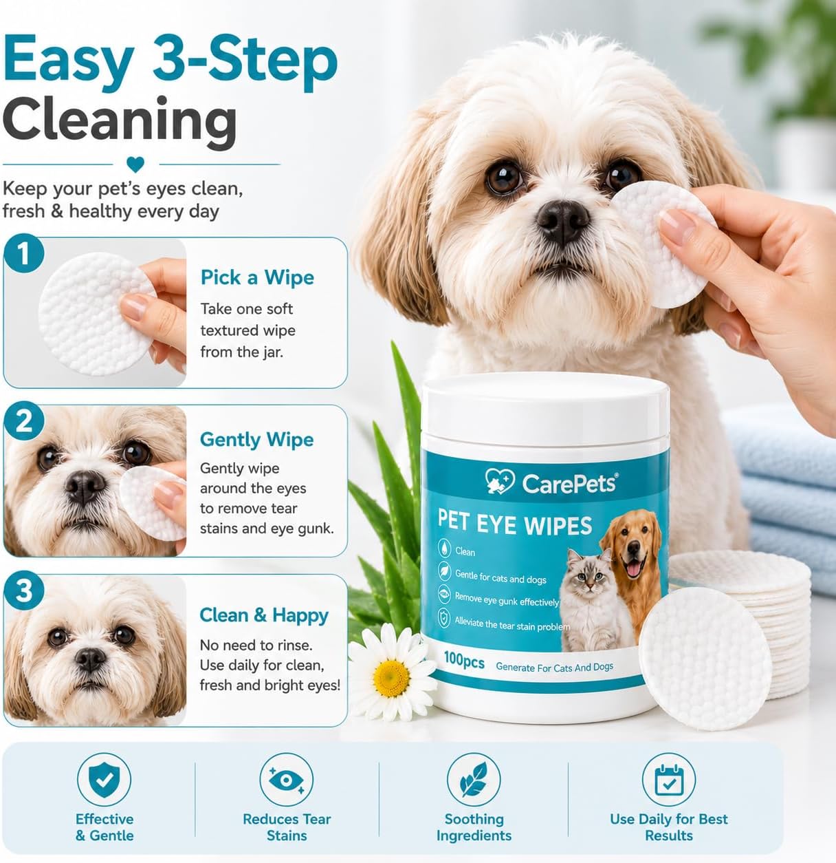Eye Wipes Textured for Tear Stains, 100 Count Pet Tear Stain Remover Pads for Dogs and Cats, Gentle Eye Cleaning Wipes with Aloe Vera & Chamomile, Fragrance Free (1)