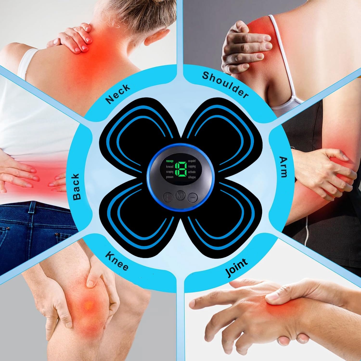 Elettrostimolatore Antidolorifico Wireless. Dispositivo TENS portatile Senza Fili, Elettrostimolatore Muscolare (EMS, TENS, Massaggio), Ricaricabile per il Trattamento del Dolore