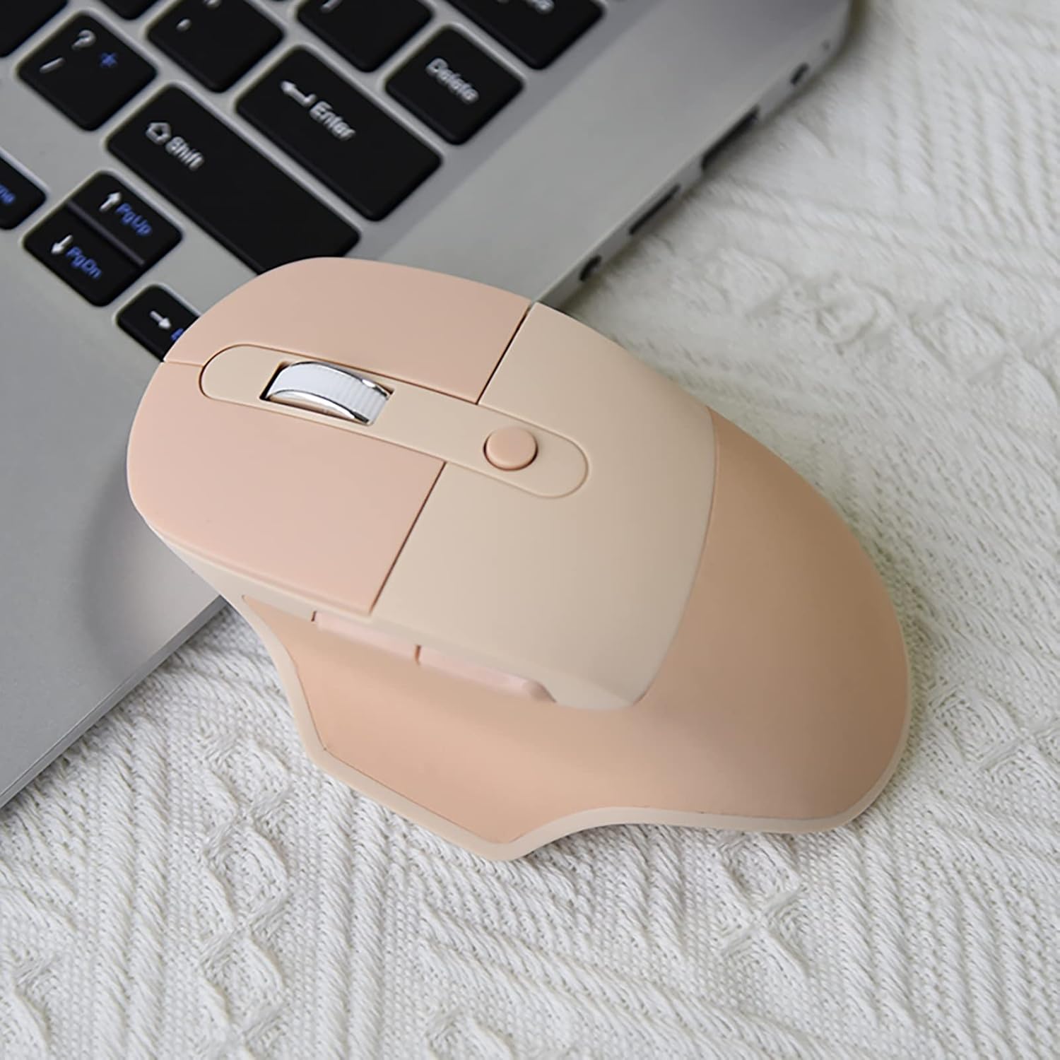 Side view of the Lomiluskr Ergonomic Dual Mode Wireless Mouse, highlighting its contoured shape.