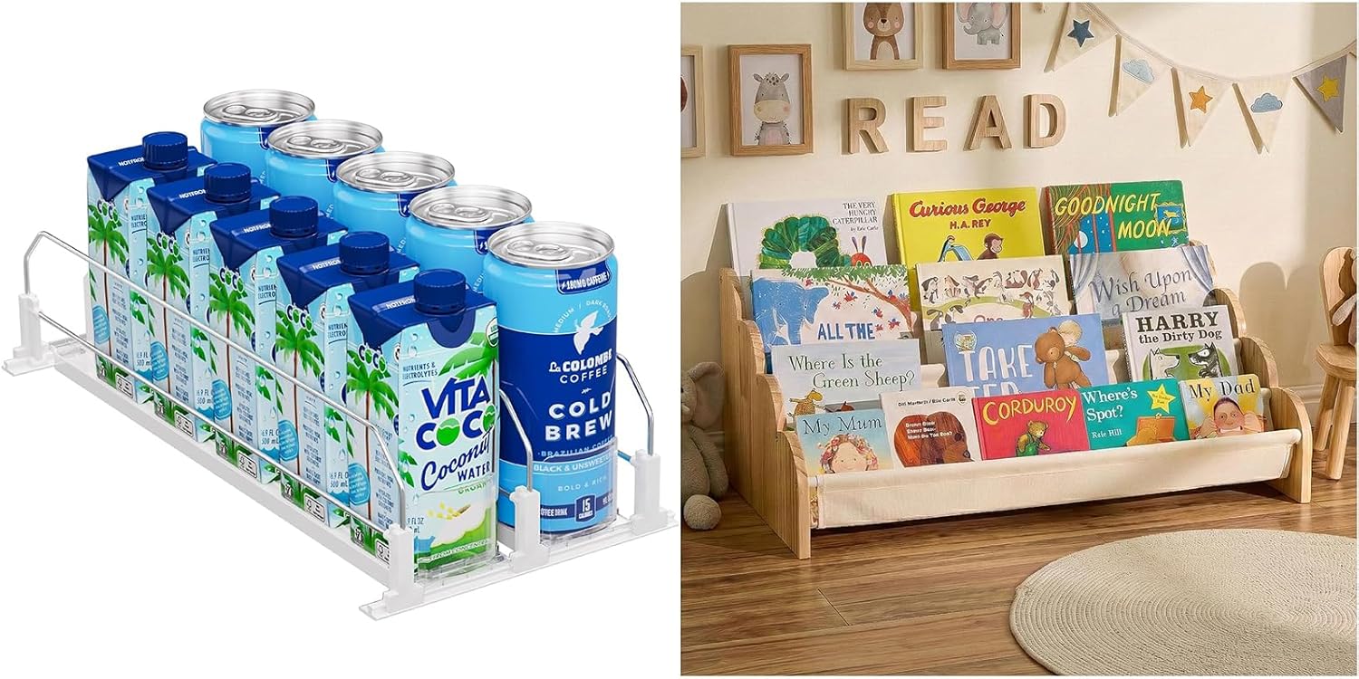 Puricon 4-Tier Kids Bookshelf Bundle Drink Organizer for Fridge Pusher Glide