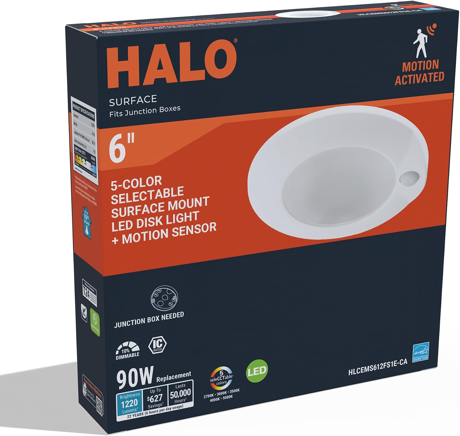 Halo HLCE 6-Inch Indoor/Outdoor LED Motion Sensor Ceiling Light with CCT Select, Dimming, CA Compliant - Matte White