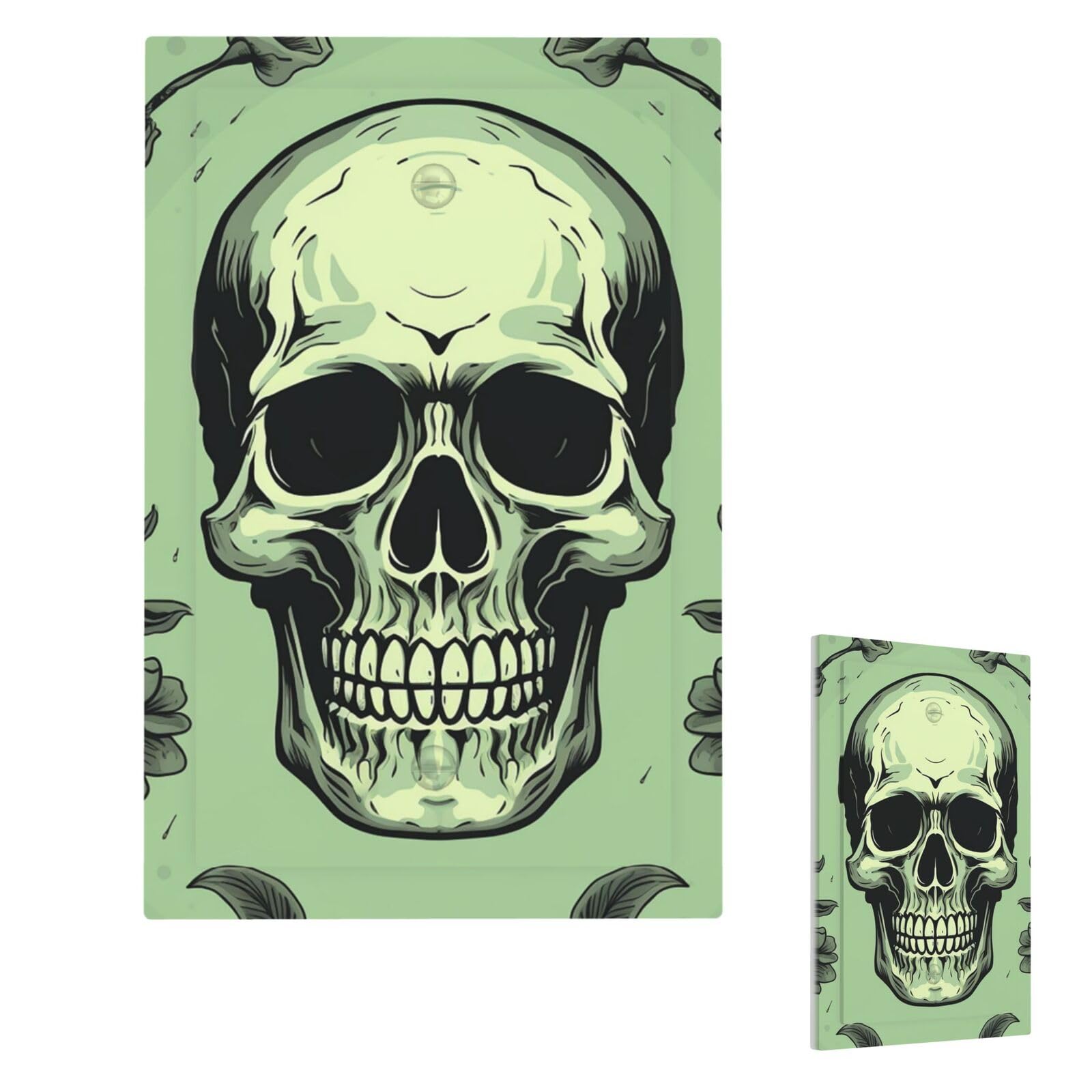 Skull On Light Green Background Wall Plate Cover Single Blank, Modern Decorative Light Switch Cover Unbreakable Receptacle Outlet Covers for Living Room Bedroom Decor