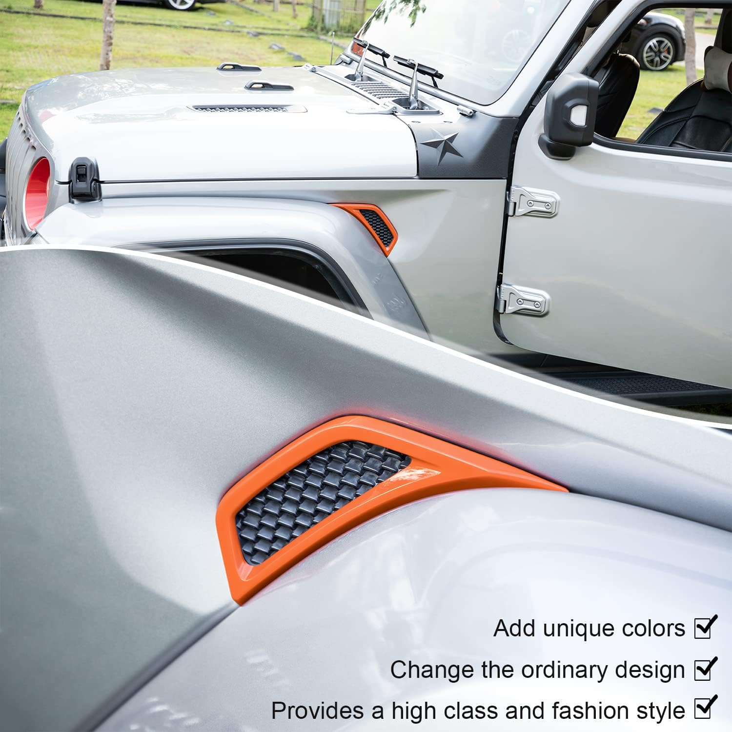 Bonbo Hood Vents & Engine Hood Hinge & Side AC Vent Outlet Trim Exterior Accessories fit for Jeep Wrangler JL JLU Sports Sahara Freedom Rubicon Unlimited Gladiator JT 2018-2023 11PCS (Orange)