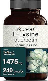 L-Lysine 1000mg + Quercetin 250mg Supplement, 240 Capsules, Free Form, 4-in-1 Lysine Complex, Quercetin with Vitamin C and Zinc | Immune Support | Promote Lips & Skin Health