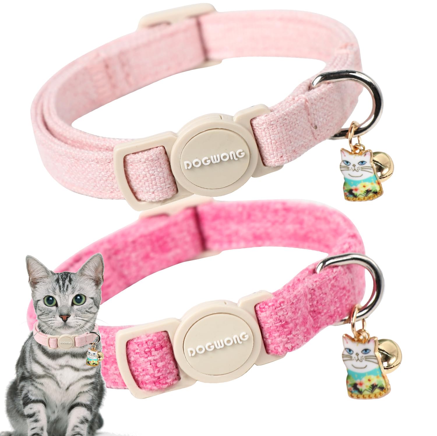 Cat Collar,2 Pack Pink Cat Collars Breakaway with Bell, DOGWONG Safety Buckle Cat Collar for Girl Boy Cats and Small Dogs，Adjustable 7-12 Inch,Pet
