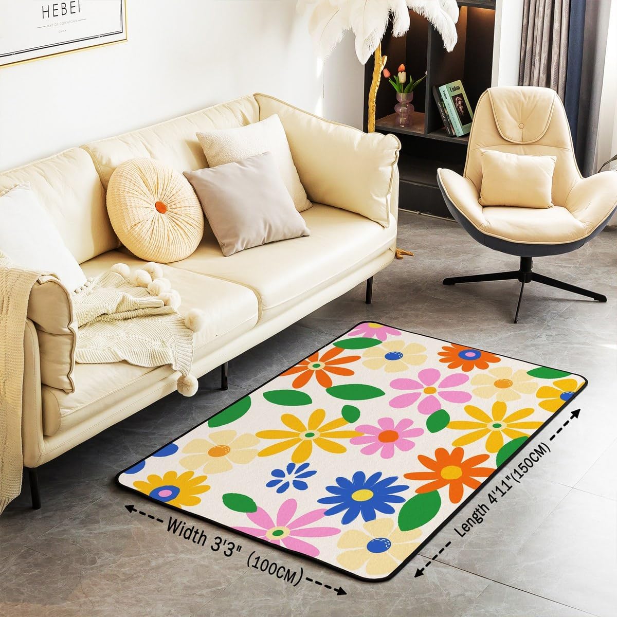 Retro 60S 70S Floral Living Room Rugs 3x5, Vintage Groovy Daisy Flower Area Rug Non Shedding, Bohemian Aesthetic Y2K Style Carpet Non Slip, Bright Colorful Trendy Floral Decorative Washable Rug