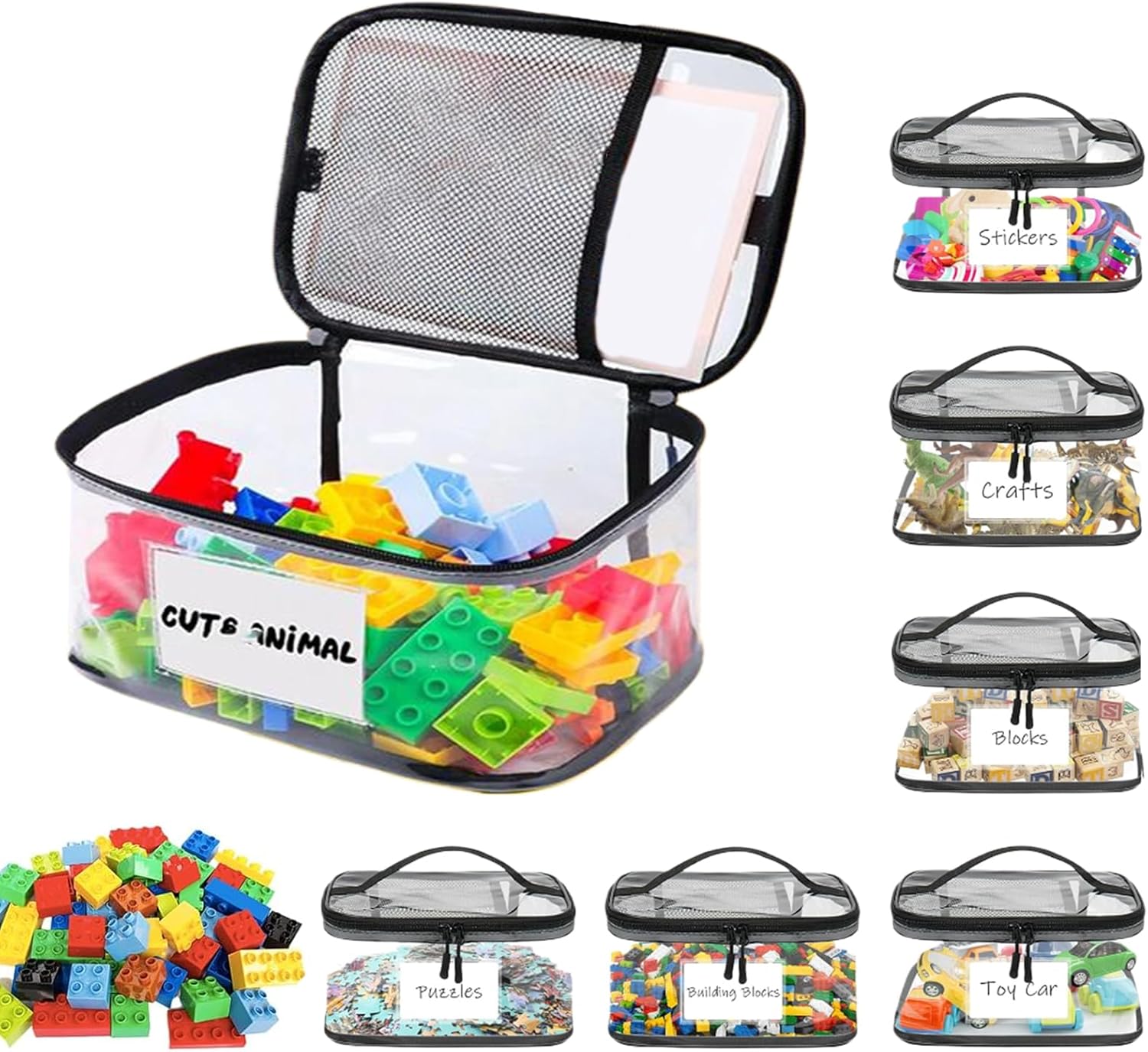 Toy Storage Bags With Zipper - Clear Pouches, 6 Piece Transparent Organizers For Small Parts, Reusable Mesh Enclosure With Color Coded Zips, School Supply, Sorting Kits For Bedrooms Nurseries
